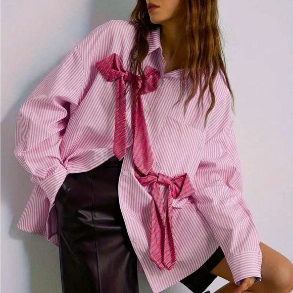 Bow Detail Oversized Striped Shirt Blouse - Picture 1 of 15